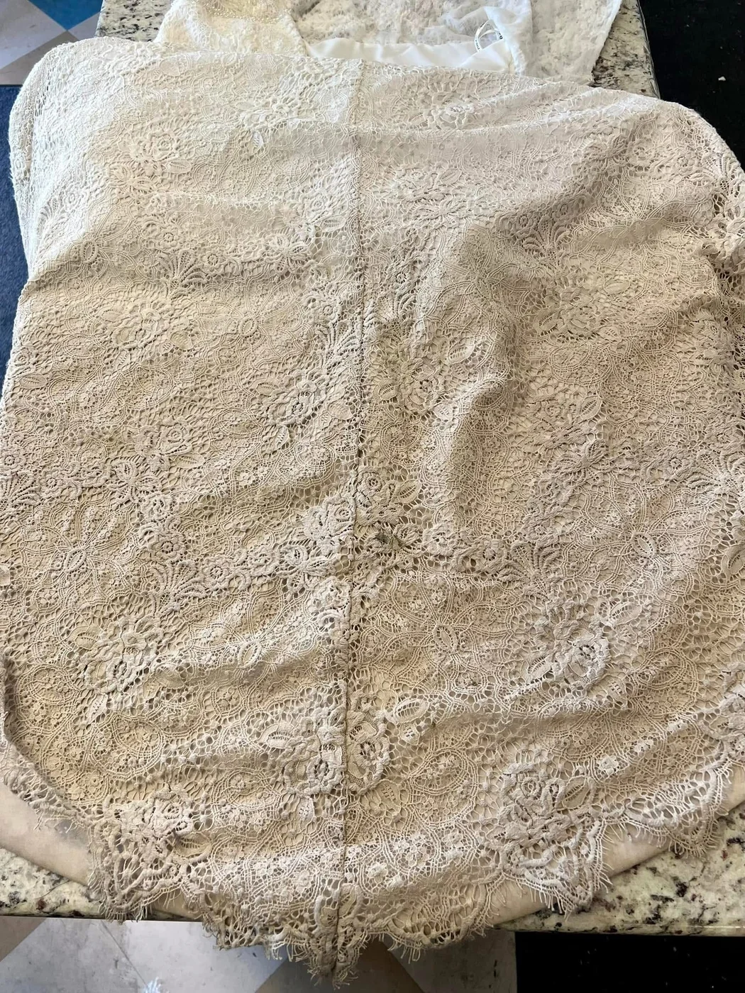 Beaded lace train, before cleaning