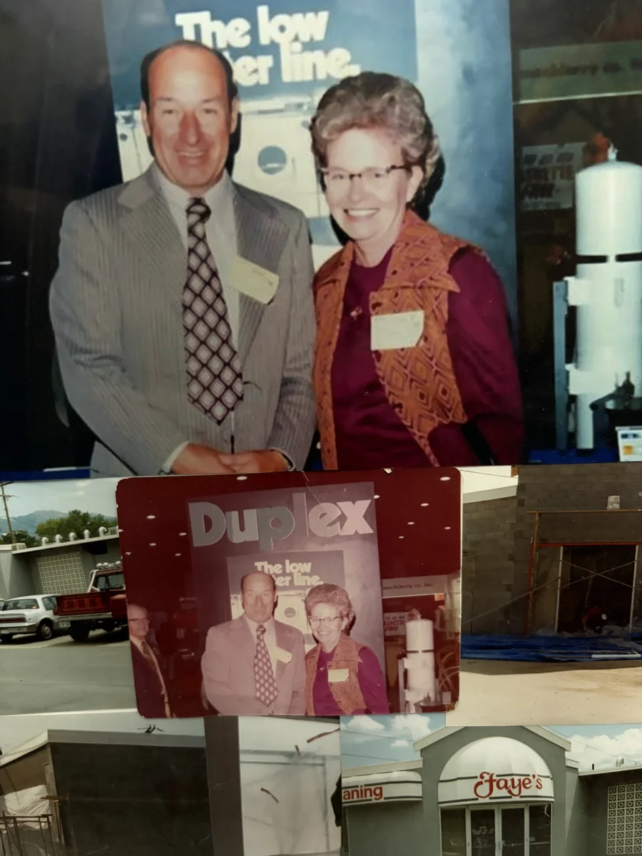 Historical collage of photographs showing people and storefronts from Faye’s early years