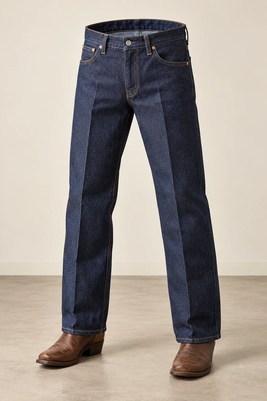 Dark blue jeans with a sharp crease standing over a pair of cowboy boots